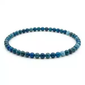 4mm apatite beaded stretch bracelet with vivid teal-blue round beads on elastic cord, shown on plain white surface