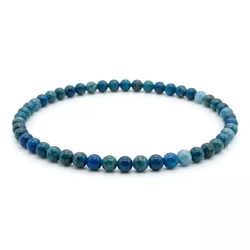 4mm-Apatite-JB4630_Z 4mm apatite beaded stretch bracelet with vivid teal-blue round beads on elastic cord, shown on plain white surface