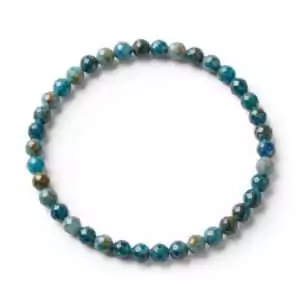 4mm faceted apatite beaded stretch bracelet with sparkling teal-blue faceted beads on elastic cord, shown on plain surface