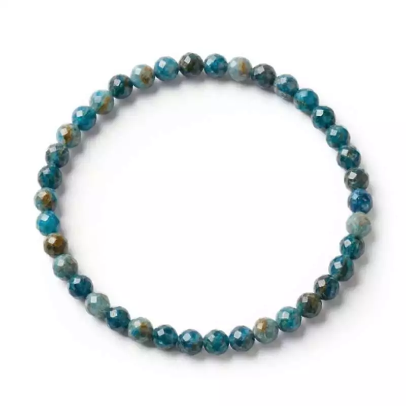 4mm-Apatite-faceted-JB4821_Z 4mm faceted apatite beaded stretch bracelet with sparkling teal-blue faceted beads on elastic cord, shown on plain surface
