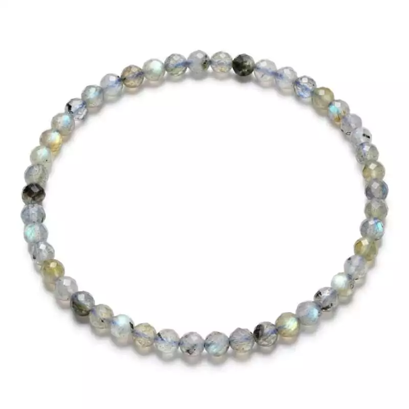 4mm-Labradorite-faceted-JB4614_Z 4mm faceted labradorite beaded stretch bracelet showing iridescent blue-green flash on dark grey beads, elastic cord, shown on plain background
