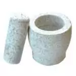 4-inch all-natural granite mortar and pestle set with the pestle resting beside the bowl, showing the natural grey stone texture and smooth interior — heavy-duty herb grinding tool for ritual and apothecary use