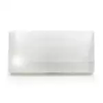 Flat polished white selenite charging plaque measuring 4 by 8 inches, showing smooth satin spar surface with fine fibrous streaks on a neutral background