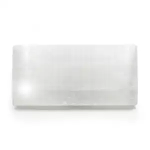 Flat polished white selenite charging plaque measuring 4 by 8 inches, showing smooth satin spar surface with fine fibrous streaks on a neutral background