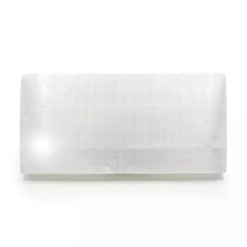 4quot-x-8quot-Selenite-charger-plaque-GCPSEL_Z Flat polished white selenite charging plaque measuring 4 by 8 inches, showing smooth satin spar surface with fine fibrous streaks on a neutral background