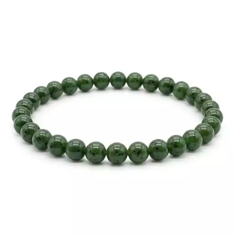 6mm nephrite jade beaded stretch bracelet with deep olive-green round jade beads on elastic cord, shown on plain background