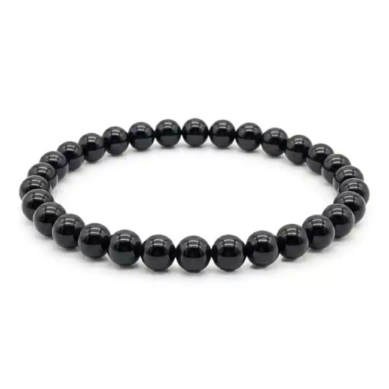 6mm-Shungite-JB6003_Z_1 6mm Shungite beaded stretch bracelet with larger matte black mineral beads on elastic cord, shown on neutral background