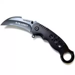 7.5-inch black folding pruning boline open showing curved blade with karambit-style finger ring and textured black handle — premium ritual cutting blade for herb harvesting and cord work