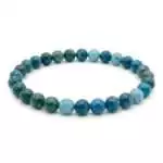 8mm apatite beaded stretch bracelet with bold vivid teal-blue round beads on elastic cord, shown on plain white surface