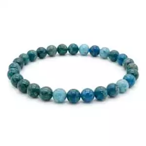 8mm apatite beaded stretch bracelet with bold vivid teal-blue round beads on elastic cord, shown on plain white surface