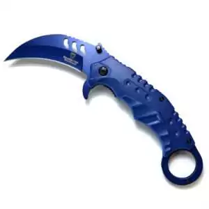 8-inch blue folding pruning boline open to show the curved blade and textured blue handle with finger ring — compact ritual cutting tool for herb harvesting and cord work