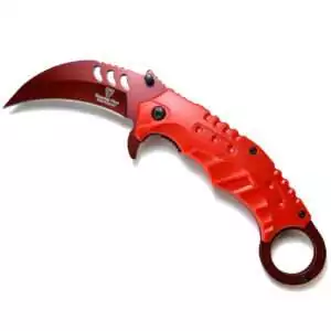 8-inch red folding pruning boline open showing curved blade with textured red handle and finger ring — compact fire-element ritual cutting tool for herb harvesting and protection work