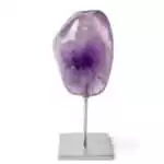 Natural purple amethyst crystal cluster mounted on a decorative silver-toned stand, displaying deep violet crystal points against a white background