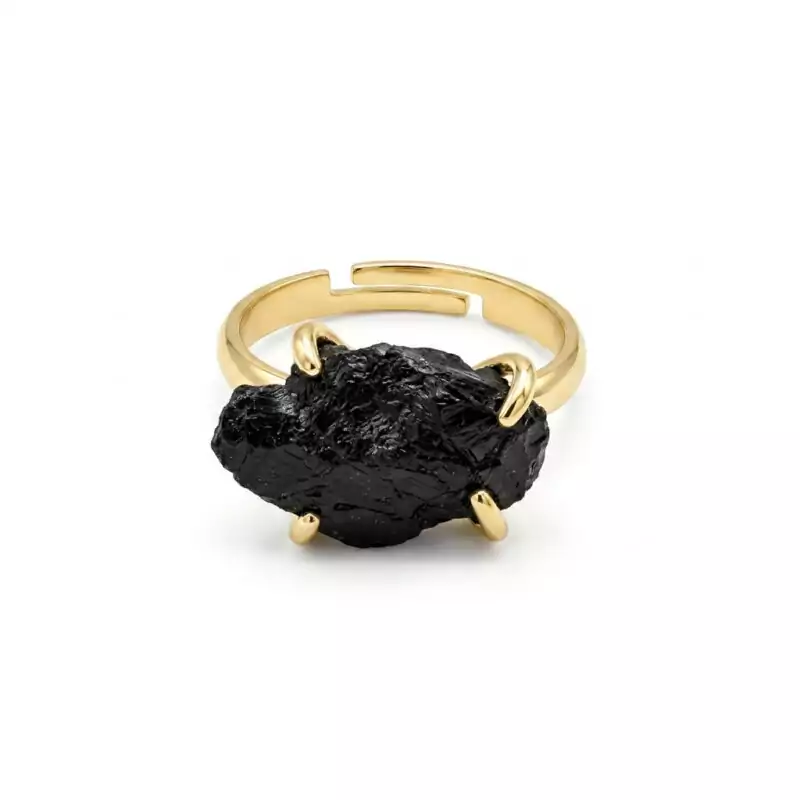 Black-Tourmaline-adjustable-ring-JR028_Z Adjustable black tourmaline ring with rough dark stone set in silver-tone open band, shown on neutral background.