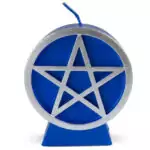 A blue wax pentacle figure candle with a five-pointed star in a circle embossed on the front, showing a deep blue color with smooth wax finish