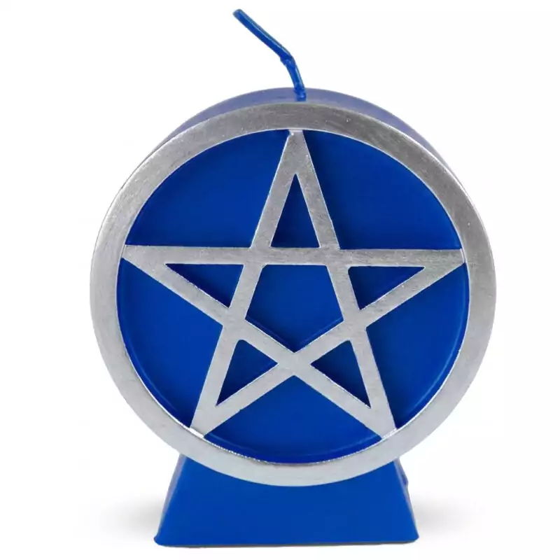 Blue-Pentacle-candle-CPENBL_Z A blue wax pentacle figure candle with a five-pointed star in a circle embossed on the front, showing a deep blue color with smooth wax finish