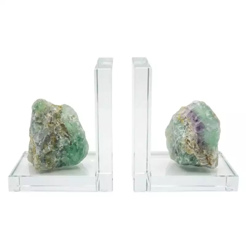 FE004_Z_1 Matched pair of natural fluorite slab bookends with multicolour purple, green, and clear banding, shown supporting books on plain surface