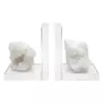 Matched pair of acrylic and clear quartz slab bookends with translucent and milky white crystalline formations, shown on plain surface.