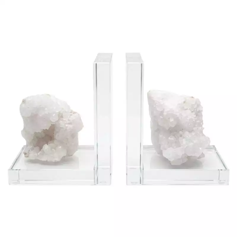 FE005_Z_1 Matched pair of acrylic and clear quartz slab bookends with translucent and milky white crystalline formations, shown on plain surface.