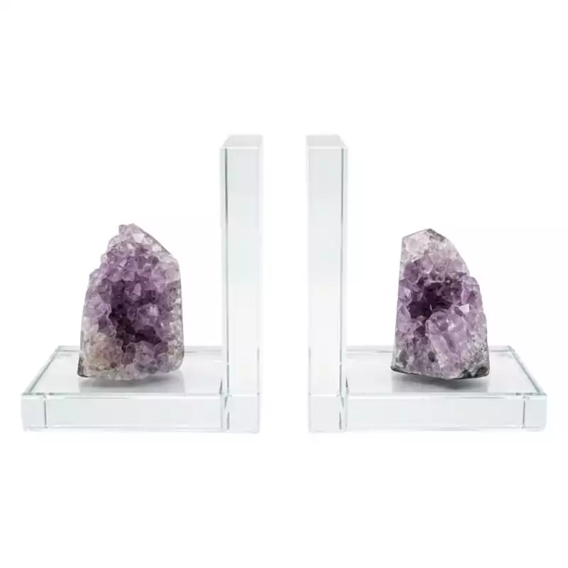 FE006_Z_1 Matched pair of natural amethyst slab bookends with deep purple druzy crystal clusters, shown propping books on a plain surface