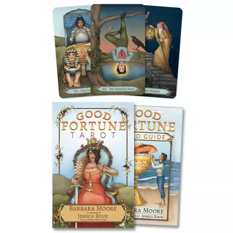 Good-Fortune-tarot-deck-book-by-Moore-Roux-DGOOFOR Good Fortune Tarot deck and guidebook set by Barbara Moore and Jessica Rose — linen-textured cards fanned showing illustrated figures including a bird keeper and a pharaoh, guidebook visible.