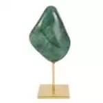 Natural green aventurine crystal specimen mounted on a shiny gold-toned display stand showing deep green mineral banding on a white background