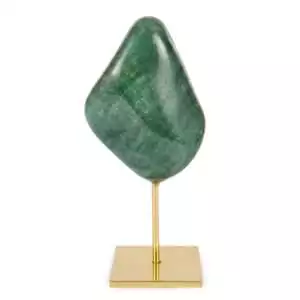 Natural green aventurine crystal specimen mounted on a shiny gold-toned display stand showing deep green mineral banding on a white background
