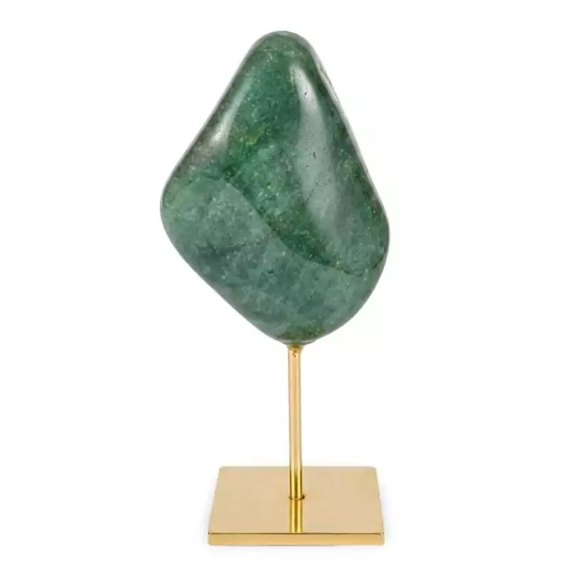 Natural green aventurine crystal specimen mounted on a shiny gold-toned display stand showing deep green mineral banding on a white background