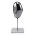 Natural metallic grey hematite crystal specimen mounted on a silver-toned display stand, showing the stone's reflective surface and mineral luster on a white background