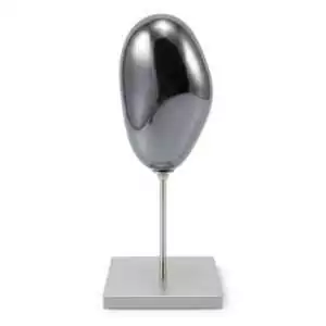 Natural metallic grey hematite crystal specimen mounted on a silver-toned display stand, showing the stone's reflective surface and mineral luster on a white background