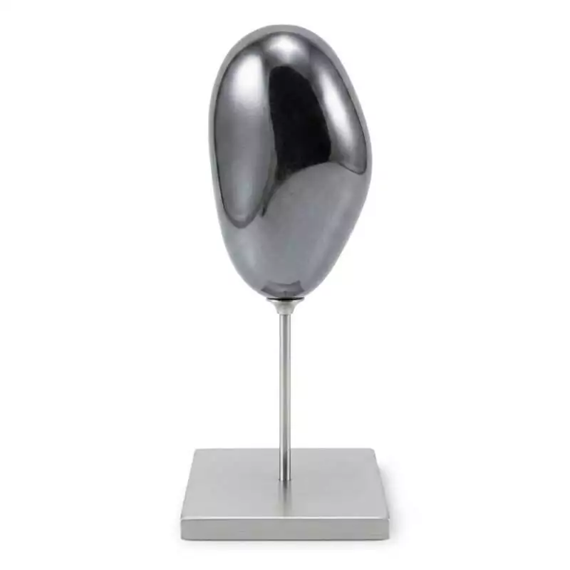 Natural metallic grey hematite crystal specimen mounted on a silver-toned display stand, showing the stone's reflective surface and mineral luster on a white background