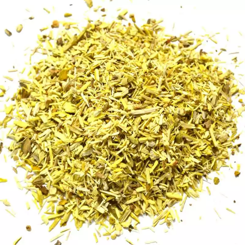 Wild-crafted Oregon Grape Root cut and sifted (Mahonia aquifolium), dried pieces piled on a white surface showing the distinctive vivid yellow-gold color caused by natural berberine alkaloid content, 1 oz sampler size.