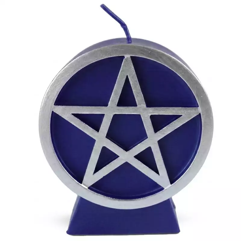 Purple-Pentacle-candle-CPENPU_Z A purple wax pentacle figure candle with a five-pointed star in a circle embossed on the front face, showing deep violet-purple wax with a smooth finish