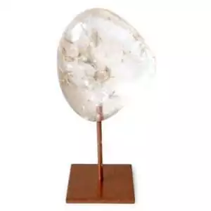 Clear quartz crystal specimen with visible transparent points mounted on a warm copper-toned display stand on a white background