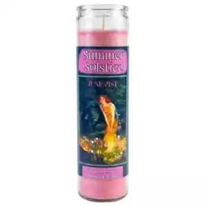 A glass jar candle labeled Summer Solstice aromatic ritual candle with Litha-themed label artwork showing warm summer imagery, wax-filled jar for midsummer celebration