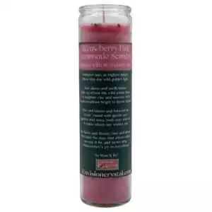 A tall, pink candle in a glass container, labeled "Strawberry Pink Lemonade Scented." The label features a description of the scent and its intended use.