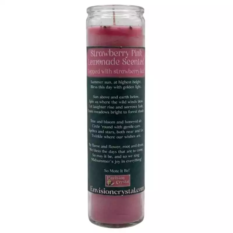 A tall, pink candle in a glass container, labeled "Strawberry Pink Lemonade Scented." The label features a description of the scent and its intended use.