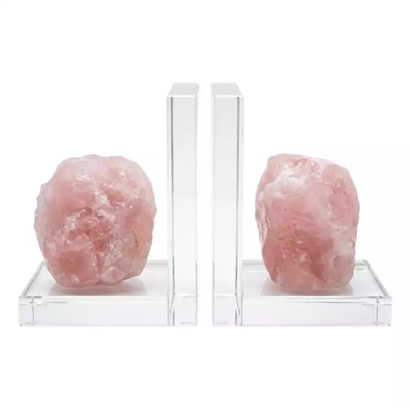 set-of-2-Rose-Quartz-book-ends-FE001_Z_1 Matched set of two natural rose quartz slab bookends in soft pink with crystalline internal structure, shown propping books on plain surface