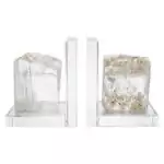 Matched pair of natural white selenite slab bookends with fibrous pearlescent striation, shown propping books on a plain surface