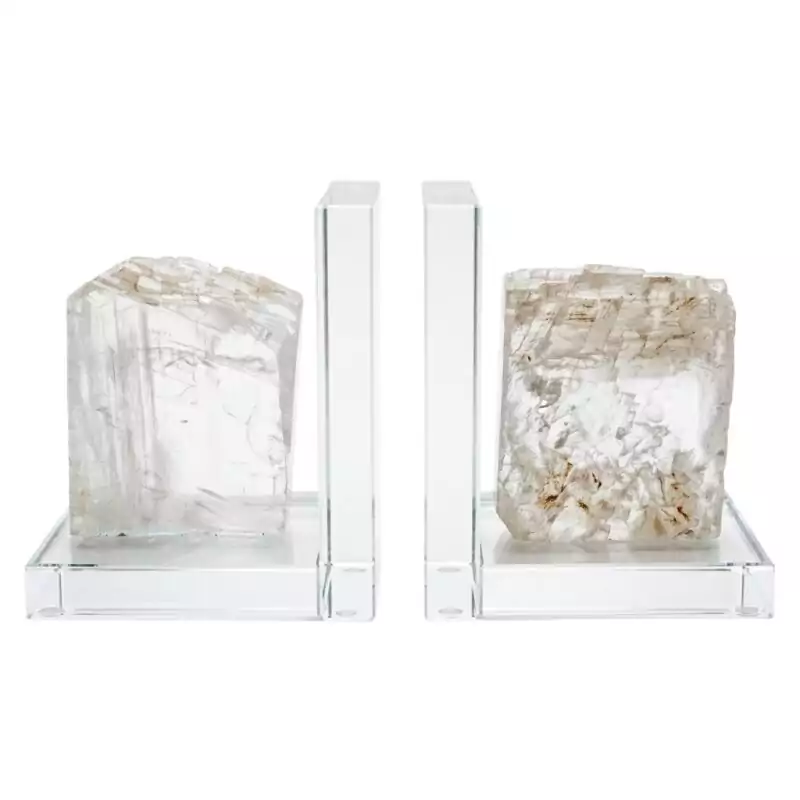 set-of-2-Selenite-book-ends-FE002_Z_1 Matched pair of natural white selenite slab bookends with fibrous pearlescent striation, shown propping books on a plain surface