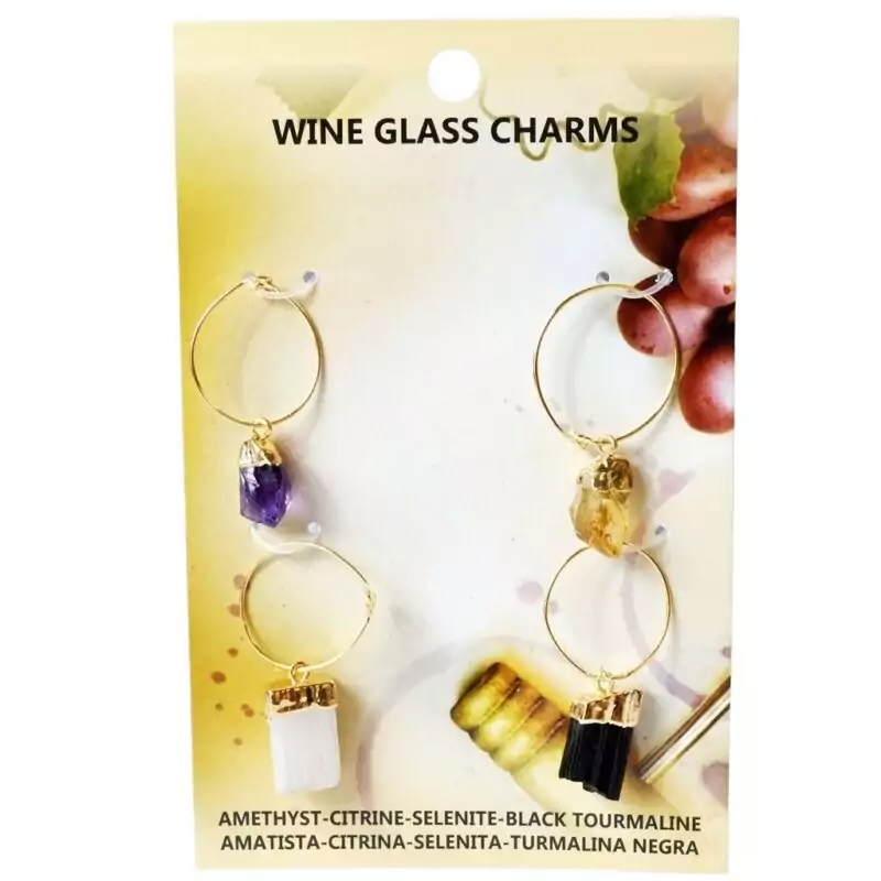 set-of-4-Wine-Glass-Charms-JWG002_Z Set of four crystal wine glass charms with colorful gemstone pendants on wire loops.