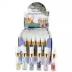 Set of 54 small mixed gem-infused ritual room spray bottles arranged together, various labels visible