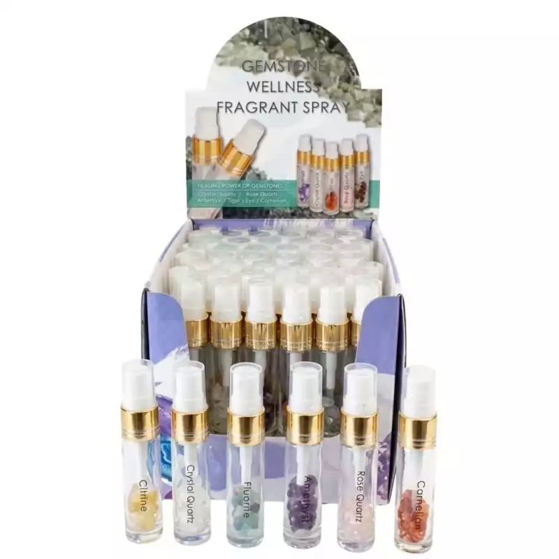 set-of-54-Mixed-gem-room-spray-OS058_Z_1 Set of 54 small mixed gem-infused ritual room spray bottles arranged together, various labels visible