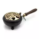 Decorative 11-inch Tree of Life metal incense burner with tree design on the lid, wooden handle, and black body with gold accents — charcoal censer with 4¾-inch bowl for resin incense, sage, and palo santo burning.