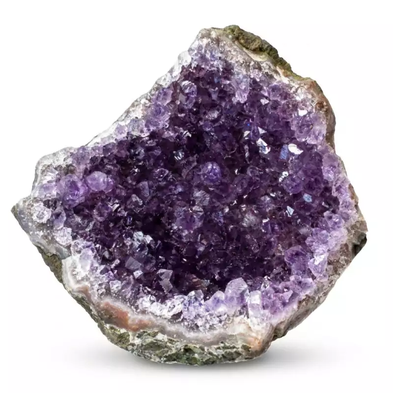 2.0-Amethyst-geode-GGAME2_Z A flat-cut Uruguayan amethyst geode standing upright, showing a deep purple crystal interior with naturally formed crystal point clusters radiating from the center of the geode cavity, against a white background.
