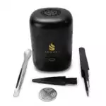 Sonavi 3-inch compact USB electric incense burner in black with decorative design, shown with tweezers, cleaning brush, funnel, and mesh screen — portable no-charcoal bakhoor and oud resin electric heater.