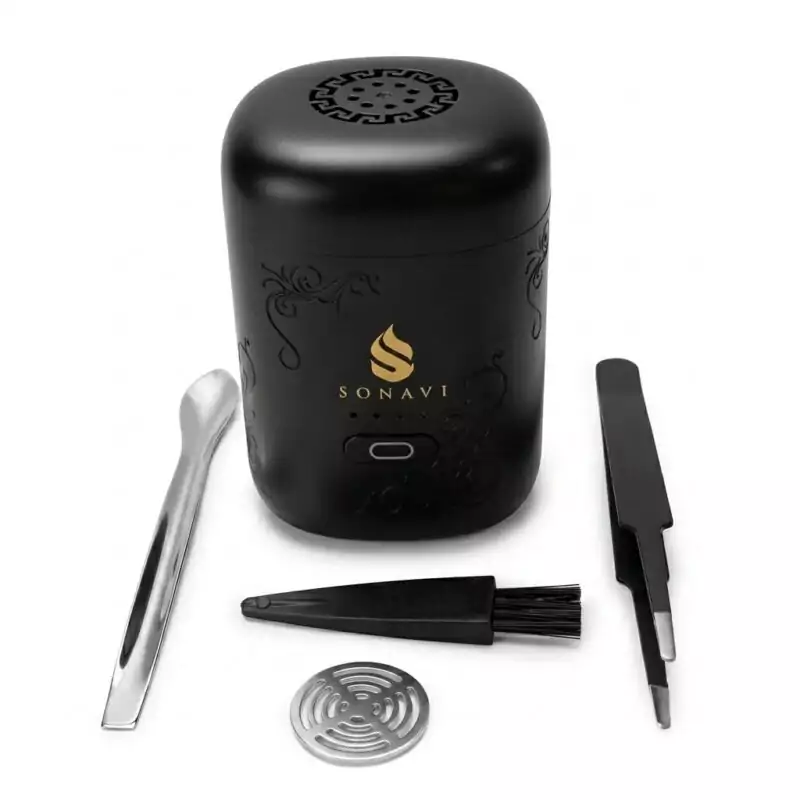 3quot-Electric-USB-burner-Sonavi-IBEBS_Z Sonavi 3-inch compact USB electric incense burner in black with decorative design, shown with tweezers, cleaning brush, funnel, and mesh screen — portable no-charcoal bakhoor and oud resin electric heater.