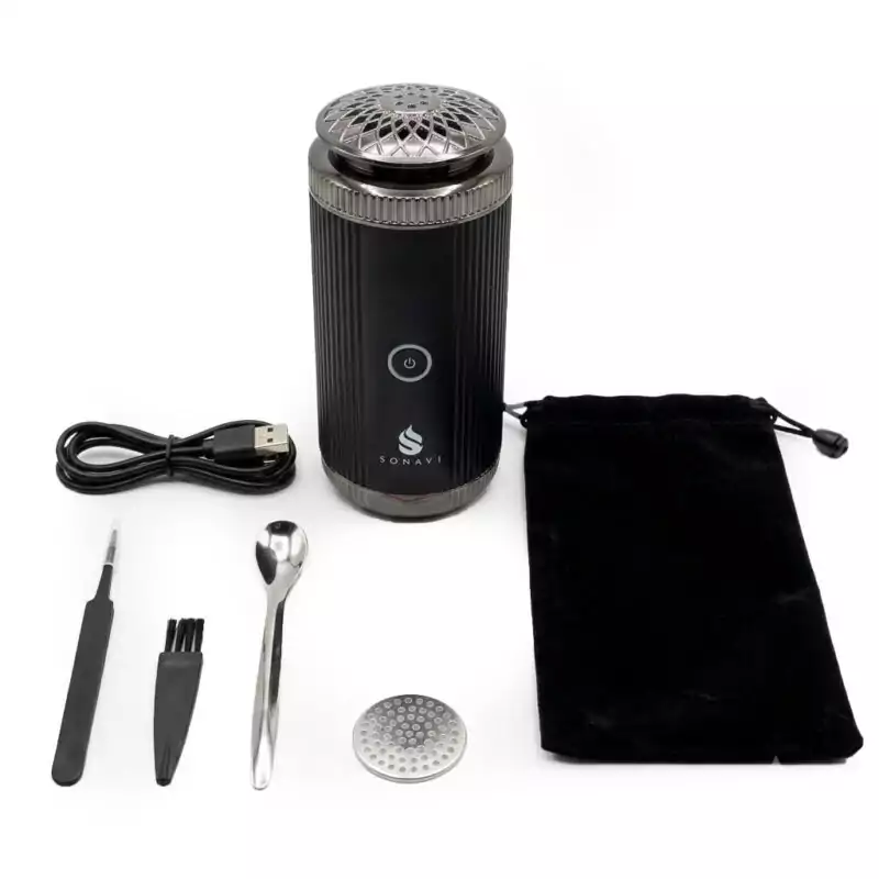6quot-Electric-USB-burner-Sonavi-IBEB6_Z_1 Sonavi 6-inch USB electric incense burner in sleek black, shown with USB charging cable, cleaning tools, mesh screen, and storage pouch — no-charcoal bakhoor and oud resin burner with 2-minute heat cycle.