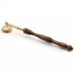 7.5-inch brass candle snuffer with a polished gold-colored bell cap and smooth wooden handle, photographed against a clean background — ritual altar candle extinguishing tool