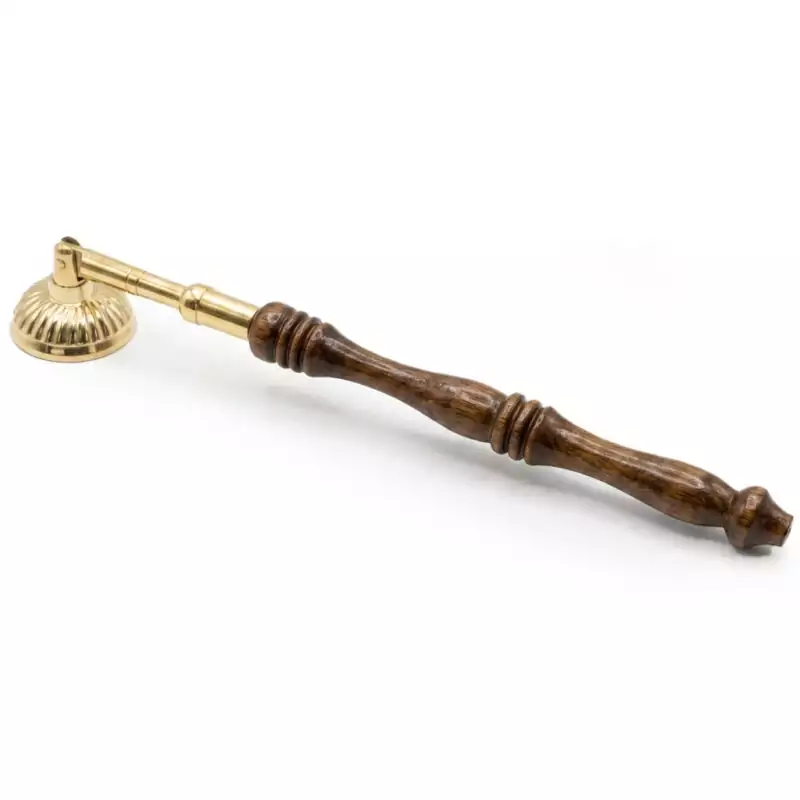 7-12quot-Brass-Snuffer-with-wood-handle-CS16_Z 7.5-inch brass candle snuffer with a polished gold-colored bell cap and smooth wooden handle, photographed against a clean background — ritual altar candle extinguishing tool